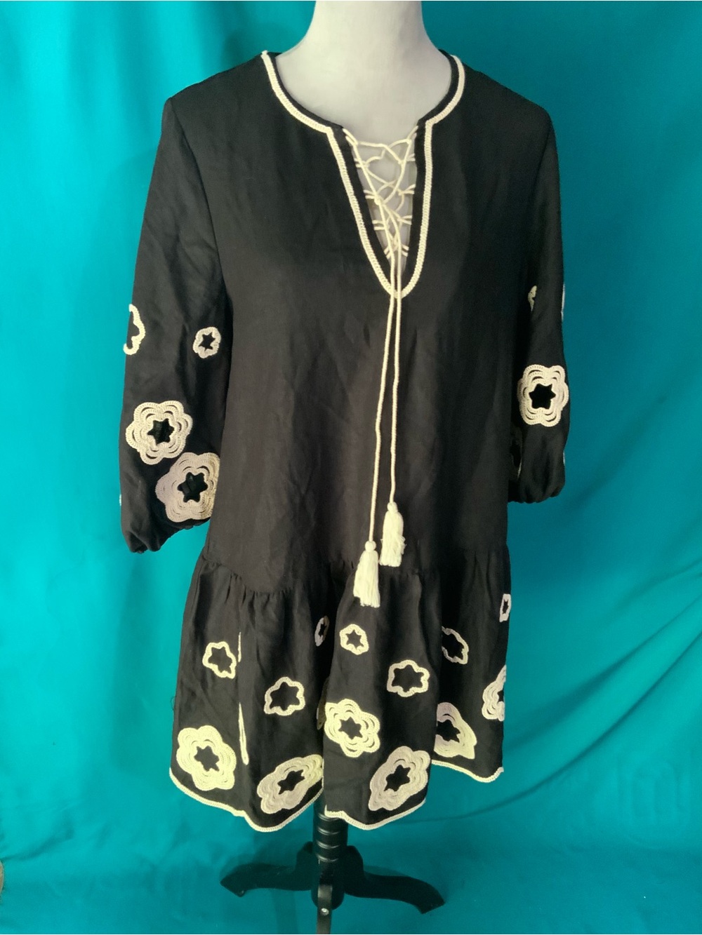 Camila Coelho Black Mini Dress with Cream Embroidery